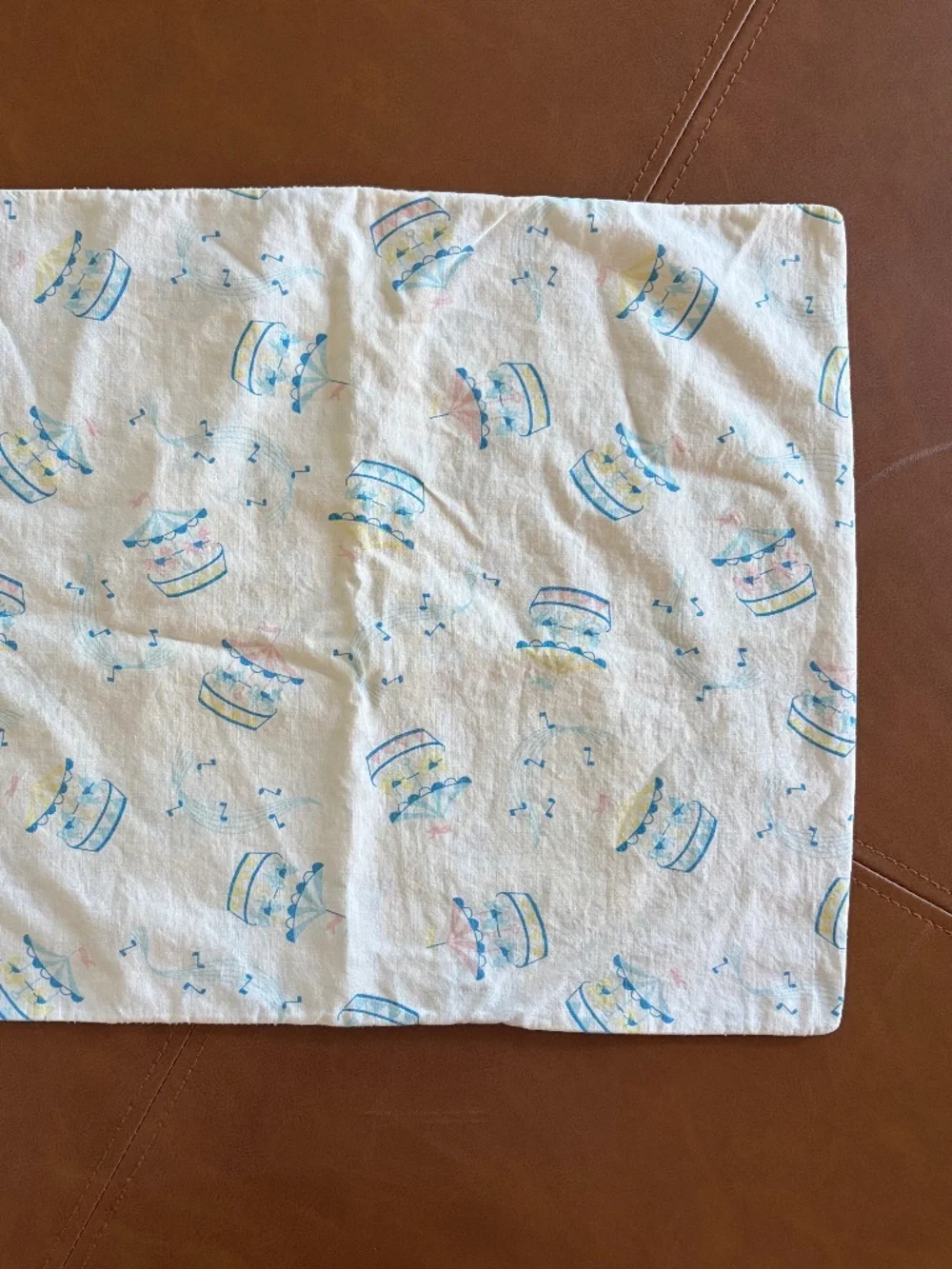 Baby Nursery Pillowcase Carousels Merry Go Round Music Notes vintage 60s 70s EUC